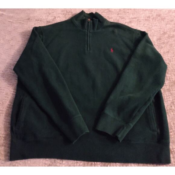 Polo Ralph Lauren Mens XXL Green 1/4 Zip Leather Pull Sweater Red Horse Pockets - Picture 1 of 11